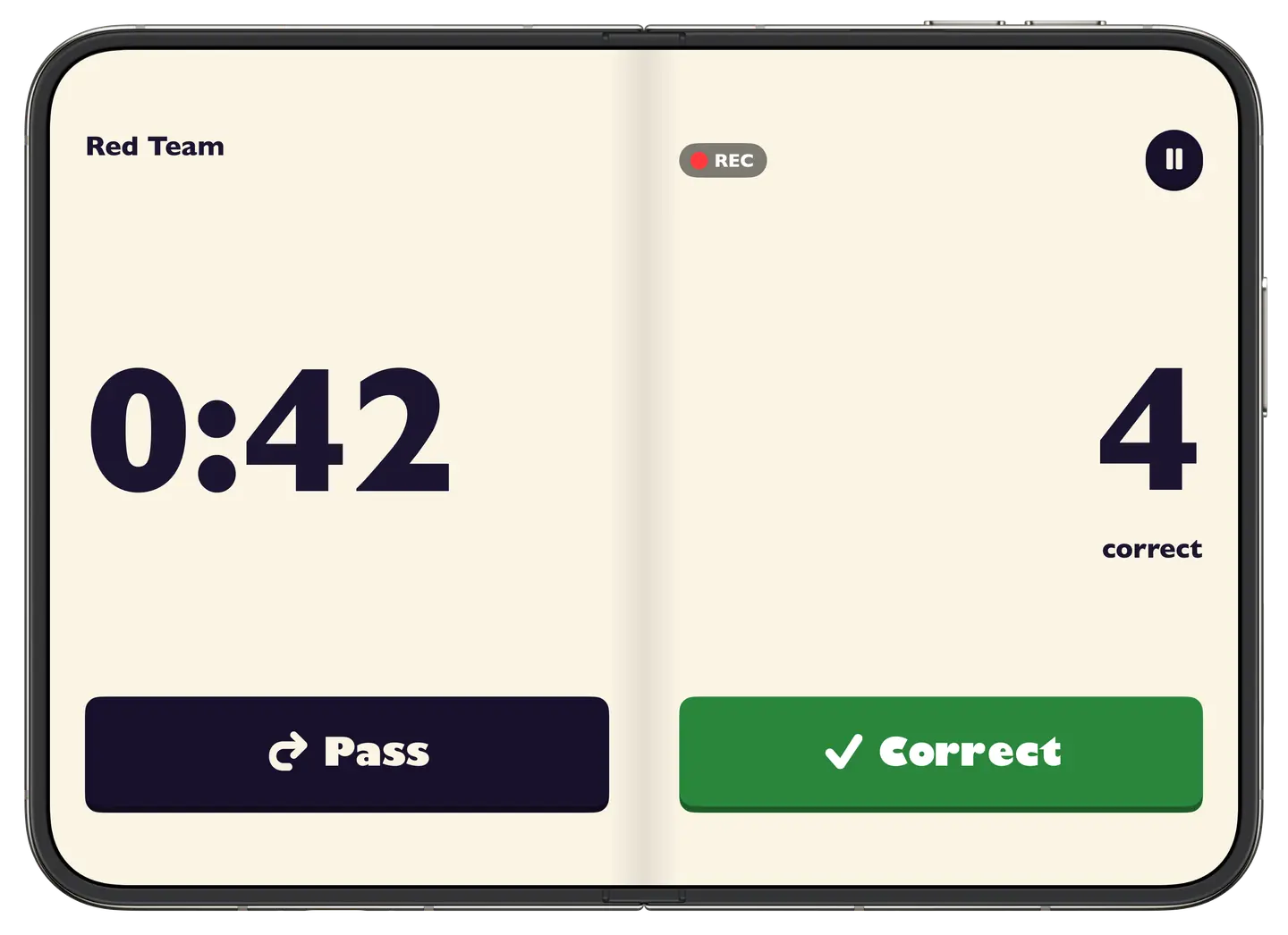 An open iPhone Duo in book mode: the timer at 0:42, 4 correct, a REC light, and Pass and Correct buttons across the two pages.