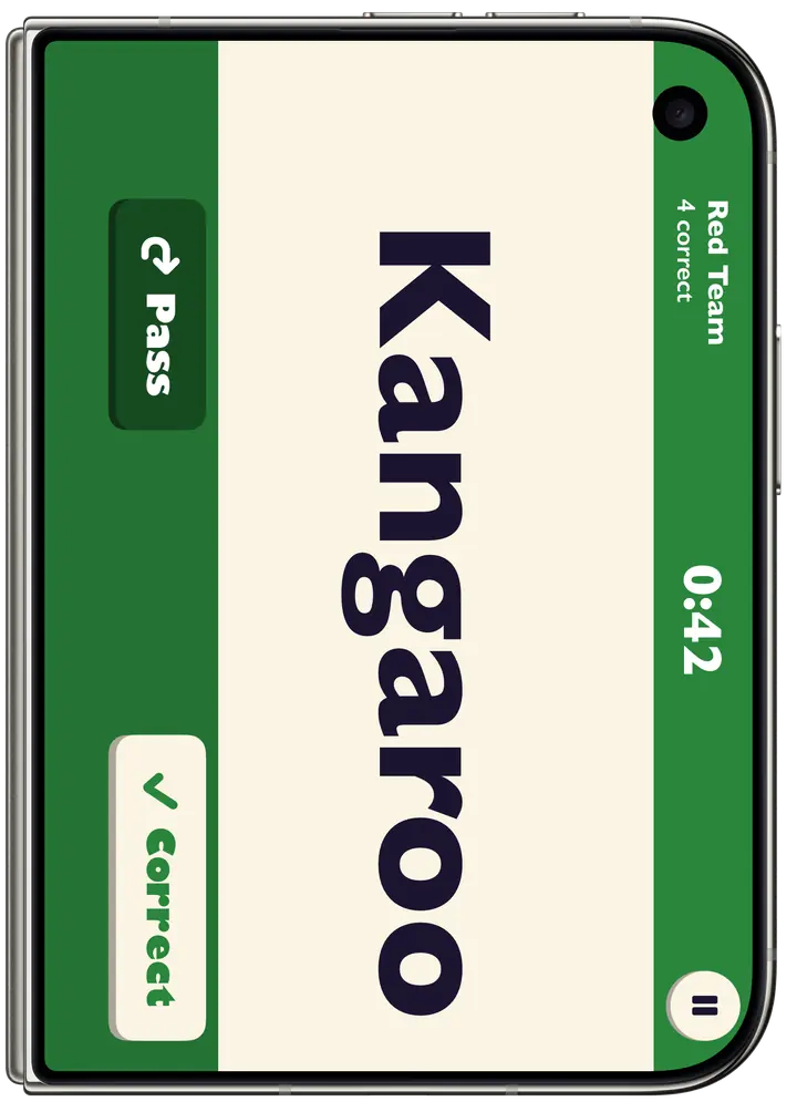A folded iPhone Duo playing on its cover display: the word Kangaroo sideways, with Pass and Correct, 0:42 left and Red Team on 4 correct.