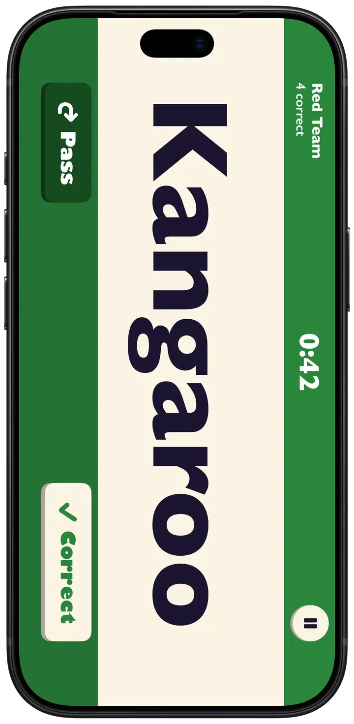 Back Cover mid-round on iPhone: the word Kangaroo in giant letters, sideways for the forehead, with Pass and Correct buttons and 0:42 left.