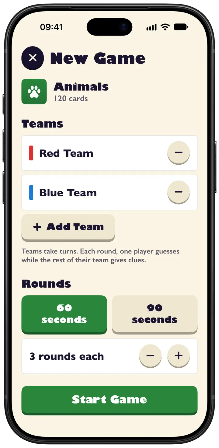 The New Game page for the Animals deck: Red Team and Blue Team, Add Team, 60 or 90 seconds, 3 rounds each, and Start Game.