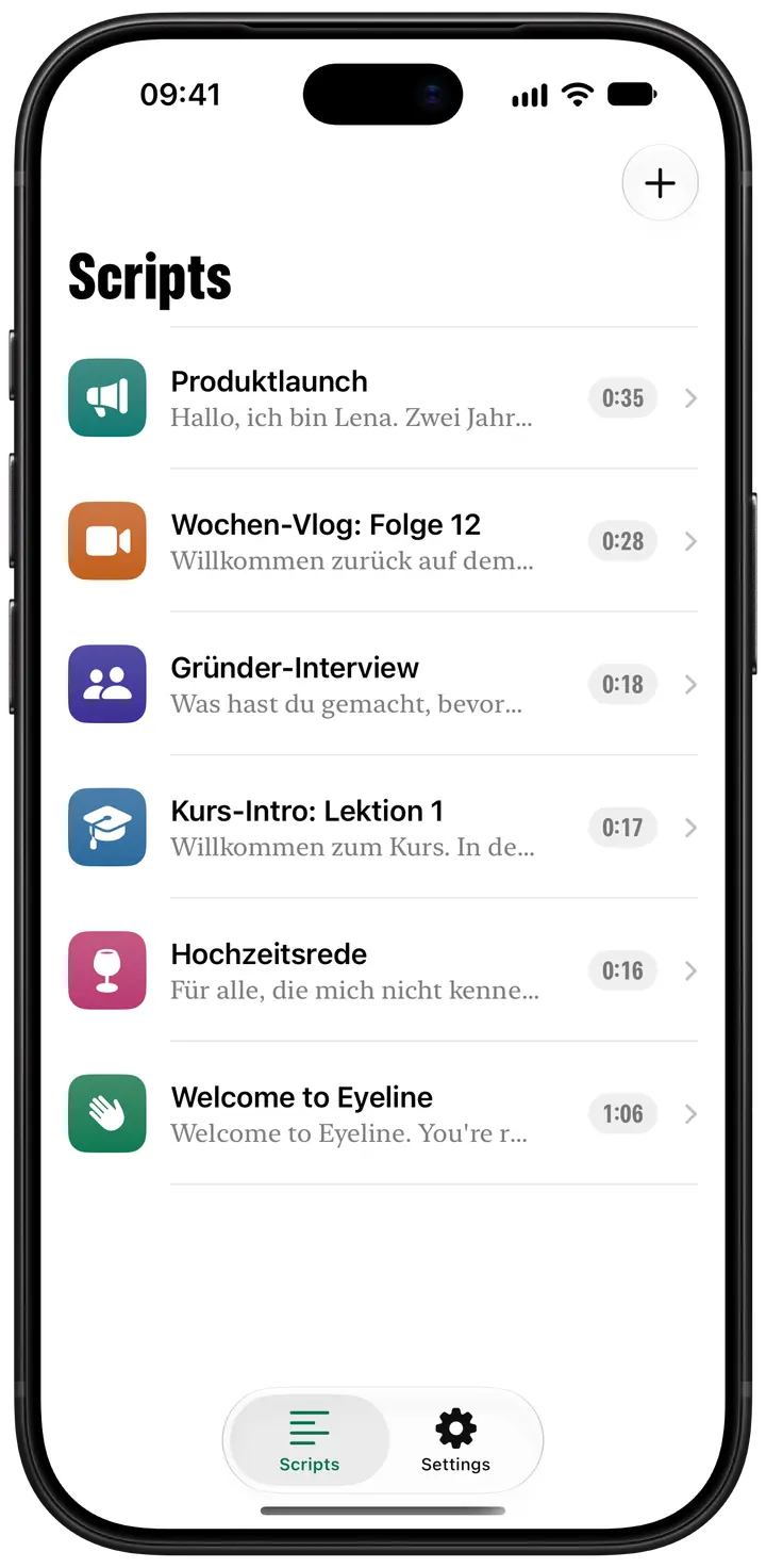Die Skriptbibliothek: eine Liste von Skripten, jedes mit farbigem Symbol, seiner ersten Zeile und seiner Laufzeit.
