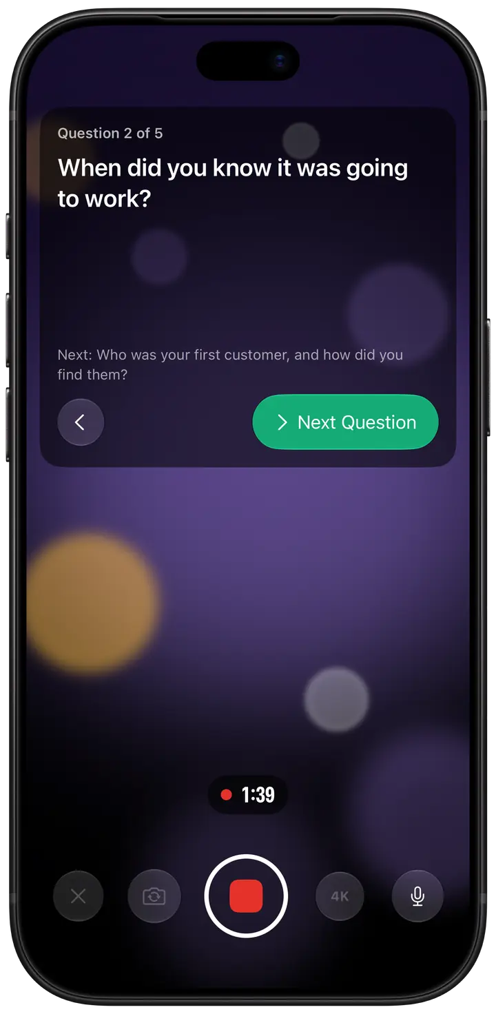 Interview mode while recording: a card at the top of the screen shows the current question, the next one below it and a Next Question button.