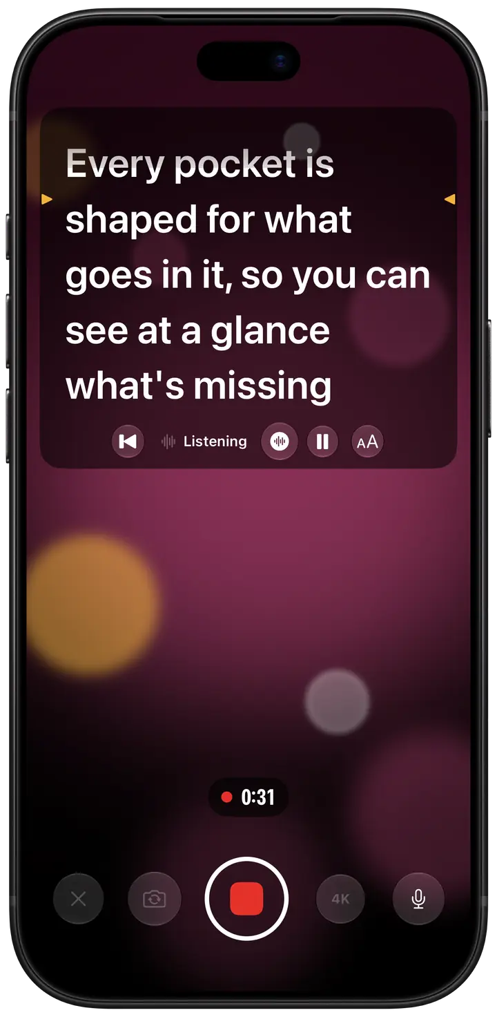 Recording with voice-follow on: the script panel at the top of the screen says Listening while the words keep pace with the speaker.