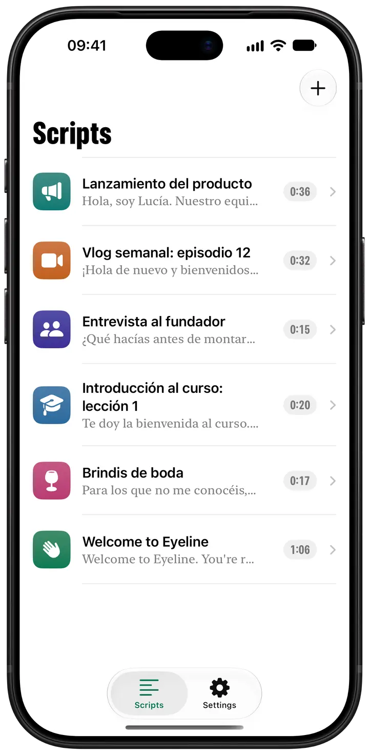 La biblioteca de guiones: una lista de guiones, cada uno con un icono de color, su primera línea y su duración.