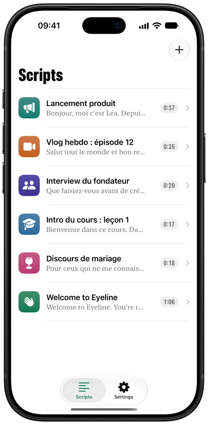 La bibliothèque de textes : une liste de textes, chacun avec son icône en couleur, sa première ligne et sa durée.