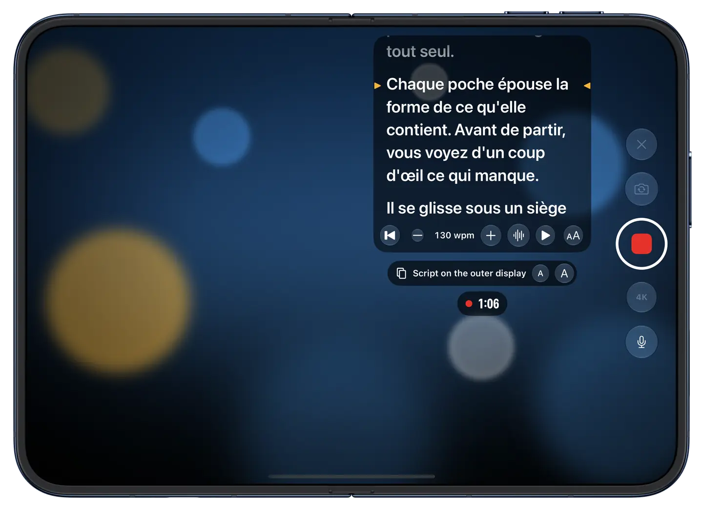 L’iPhone Duo ouvert : le studio d’Eyeline sur l’écran intérieur, avec le panneau du texte, les réglages de vitesse, la taille du texte pour l’écran externe et le bouton d’enregistrement.
