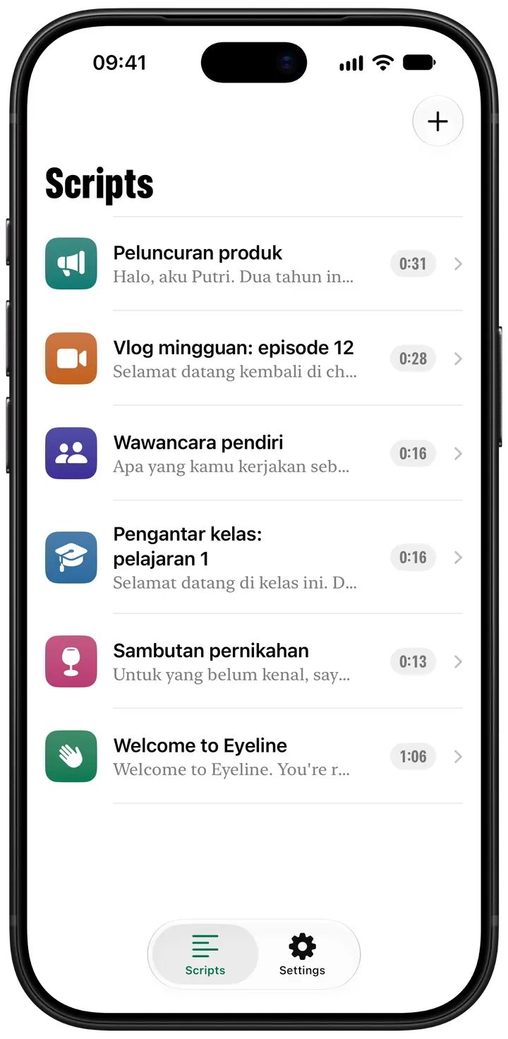 Koleksi naskah: daftar naskah, masing-masing dengan ikon berwarna, baris pembukanya, dan durasinya.