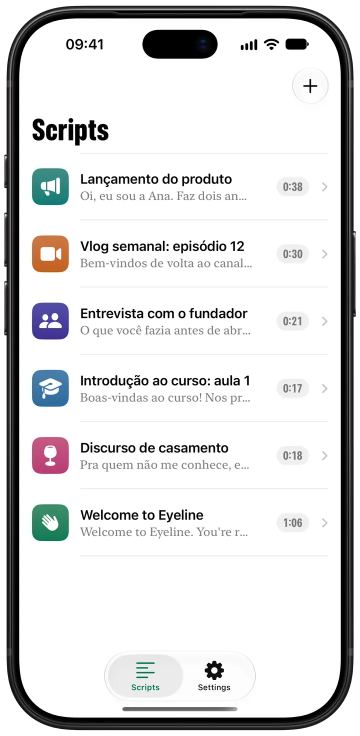 A biblioteca de roteiros: uma lista de roteiros, cada um com um ícone colorido, a frase de abertura e a duração.