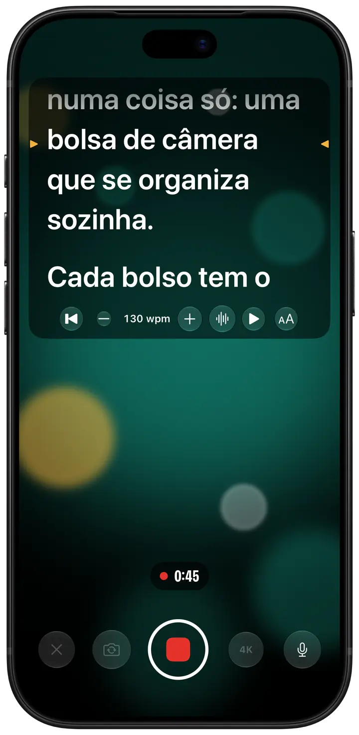 O Eyeline gravando no iPhone: o roteiro rola num painel no alto da tela, logo abaixo da câmera, com marcas âmbar dos dois lados da linha a ser lida, acima do cronômetro e do botão de gravar.