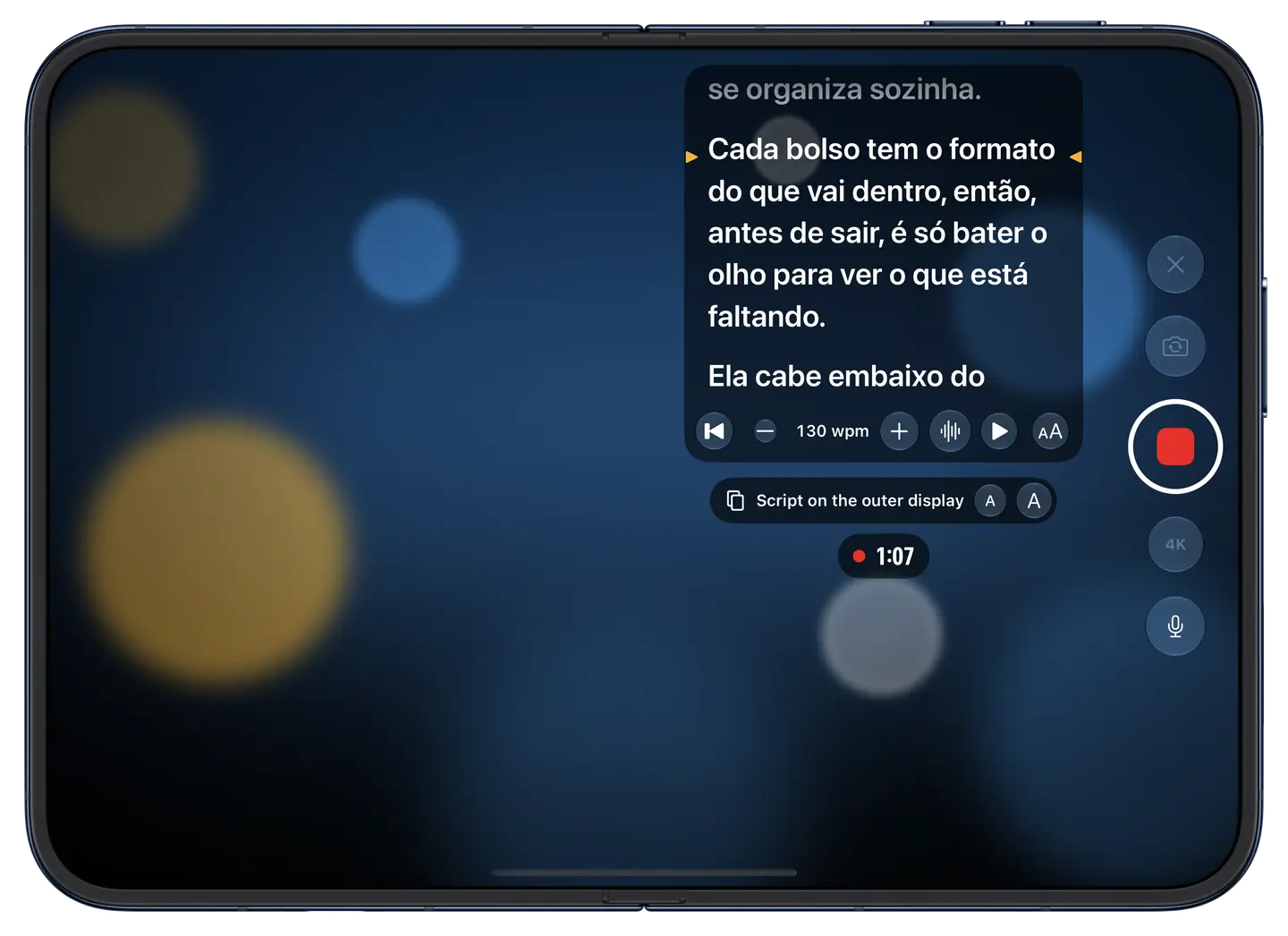 O Eyeline aberto no iPhone Duo durante uma gravação: o roteiro a 130 palavras por minuto, “Script on the outer display” logo abaixo e o botão de gravar.