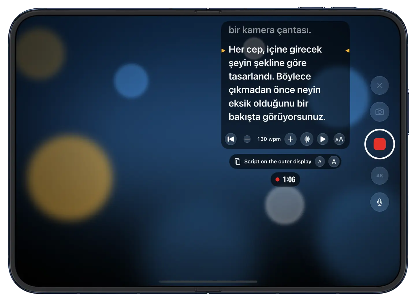 Açık iPhone Duo: iç ekranda Eyeline stüdyosu; metin paneli, hız denetimleri, dış ekranın yazı boyutu ve kayıt düğmesi.