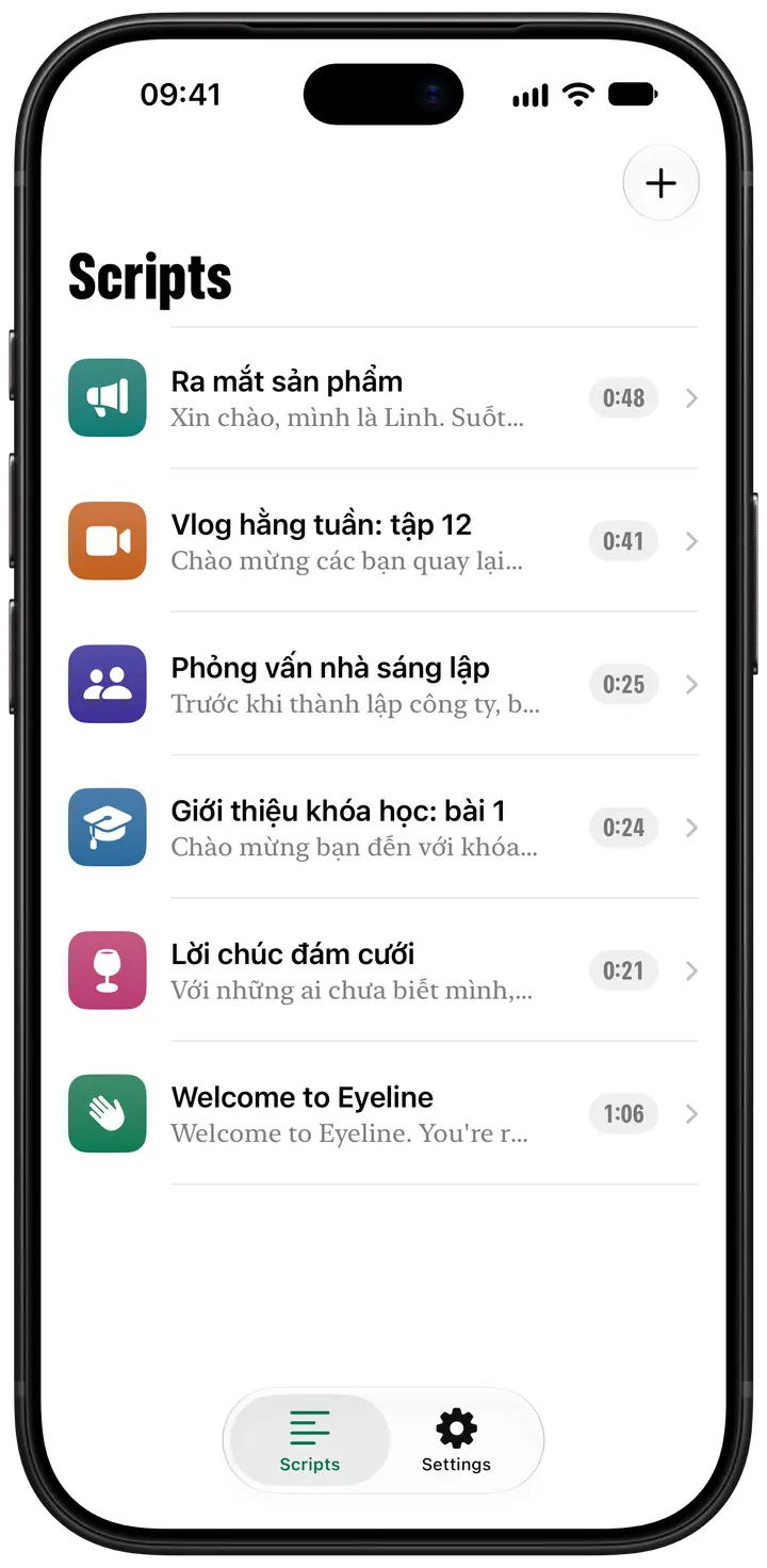 Thư viện kịch bản: danh sách các kịch bản, mỗi kịch bản có biểu tượng màu, dòng mở đầu và thời lượng.