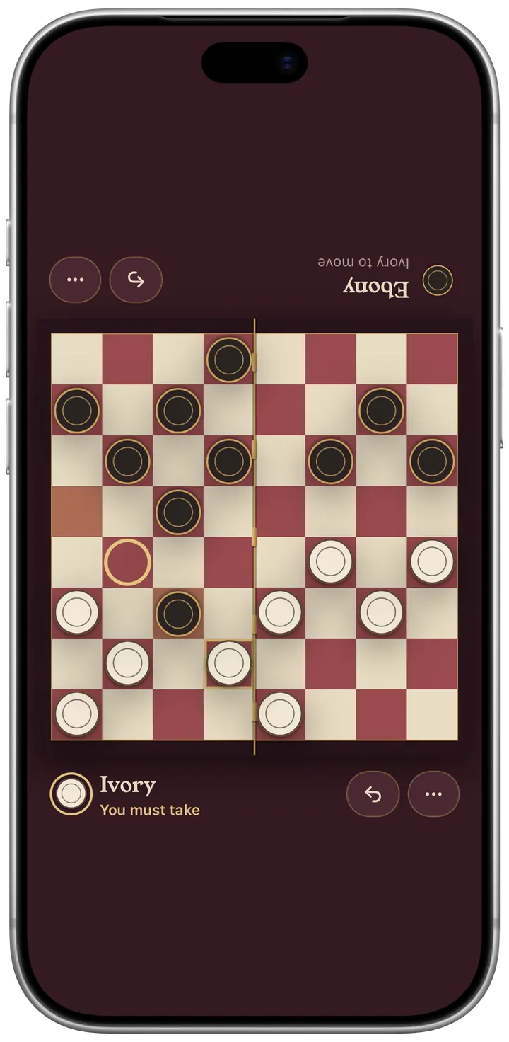 A game of draughts for two, face to face on one iPhone, the far player’s name and buttons turned to face them