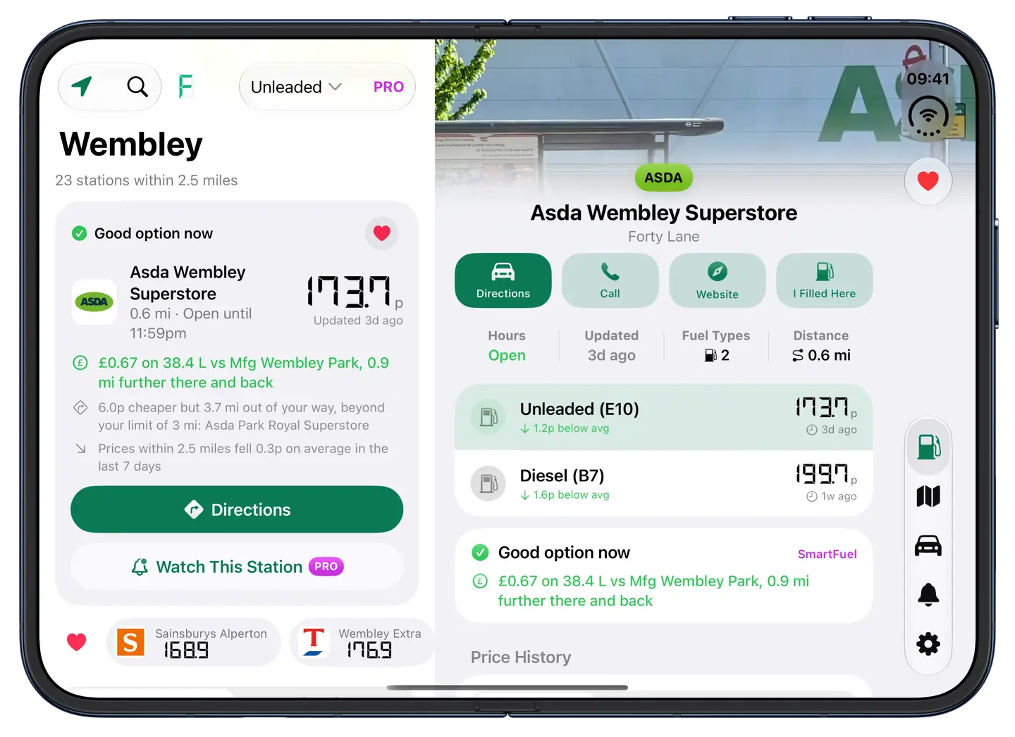 Fuelsy open on iPhone Duo: stations near Wembley on the left, and Asda Wembley Superstore’s petrol and diesel prices on the right.