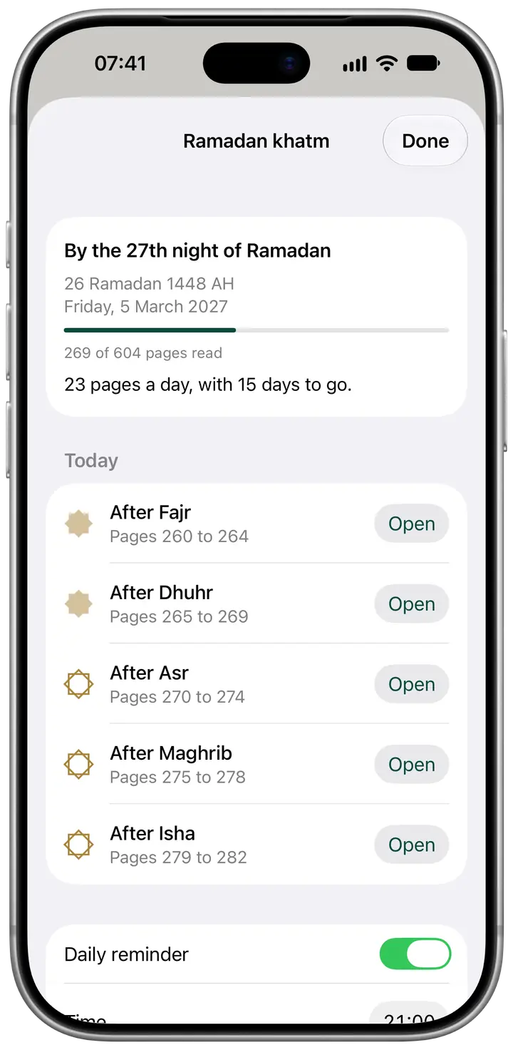 Safha’s Ramadan khatm planner, set to finish by the 27th night: 269 of 604 pages read, 23 pages a day with 15 days to go, and today’s pages in five portions, after Fajr, Dhuhr, Asr, Maghrib and Isha.