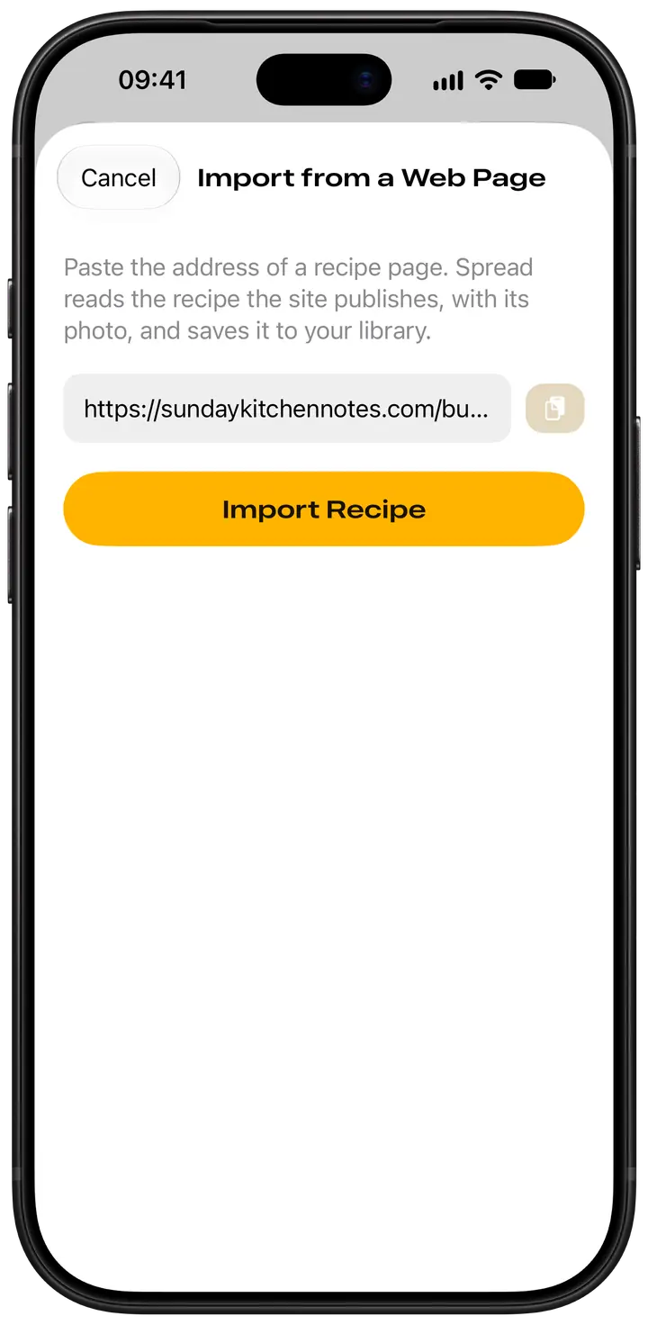 Spread’s Import from a Web Page sheet, with a recipe page’s address pasted in above the Import Recipe button.
