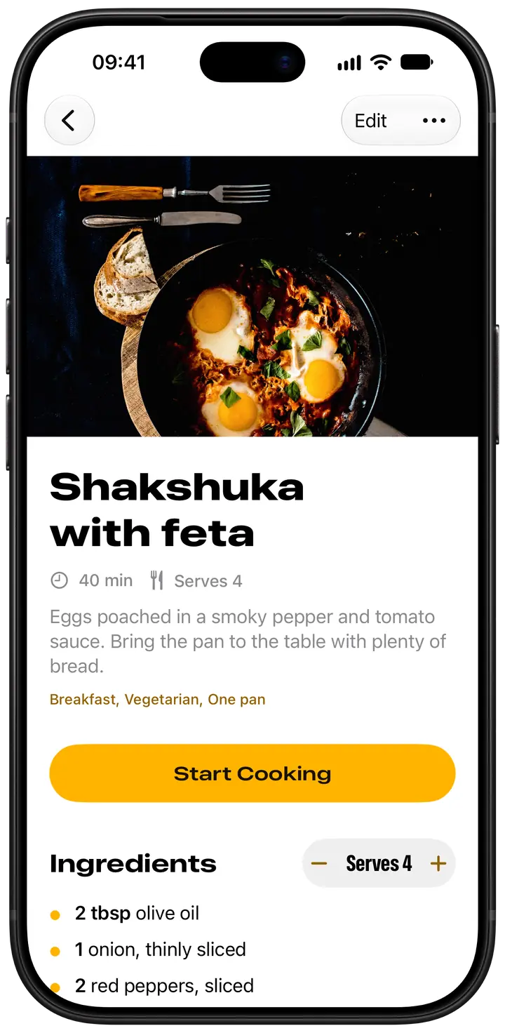 Spread on iPhone: the recipe for shakshuka with feta, showing a photo of the pan, 40 minutes, serves 4, its tags, a Start Cooking button and the first ingredients.