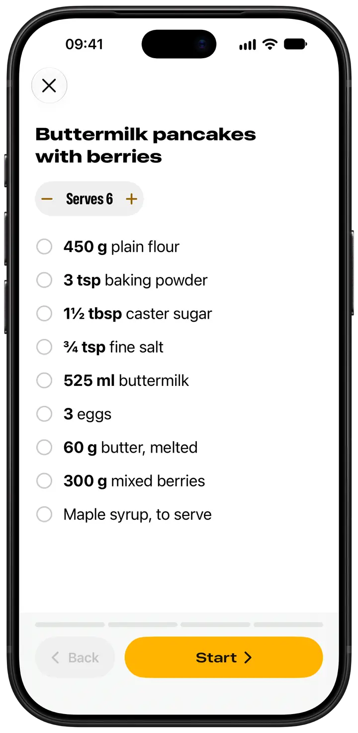 Buttermilk pancakes in Spread scaled to serve 6, with amounts such as 450 g plain flour and 1½ tbsp caster sugar, and a circle to tick beside each ingredient.